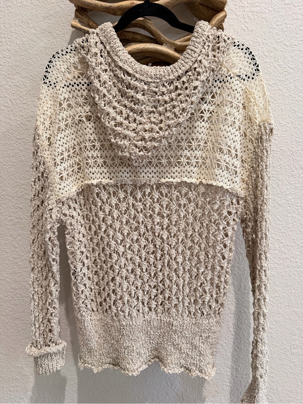 POL Light Cream Open knit Crochet Hooded Sweater shirt sheer sz S